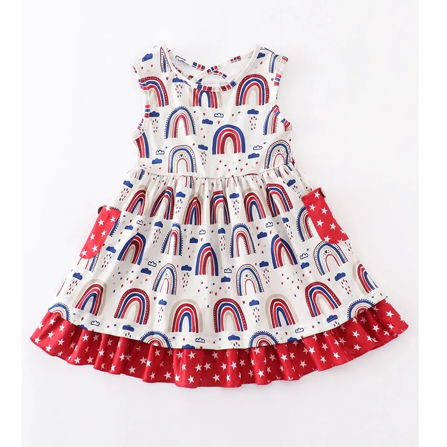 Cheap Wholesale Children's Eco-friendly Blue White Red Rainbow Ruffle 4th of July PATRIOTIC Cross Party Dress for fat girls