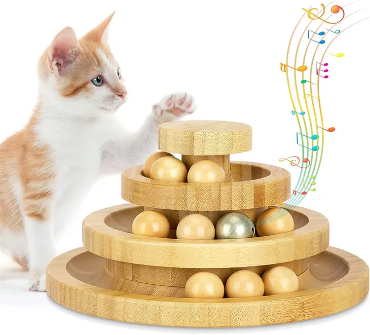 Removable Rail Wooden Cat Toy Three Tier Rotating Smart Track Ball Swing Roller for Cats with Bell