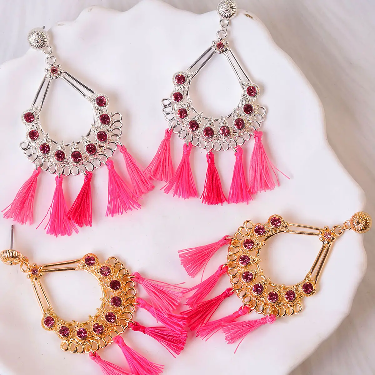 Latest design hot selling classic feather tassel handmade gold and silver filled Bohemian rhinestone tassel earrings