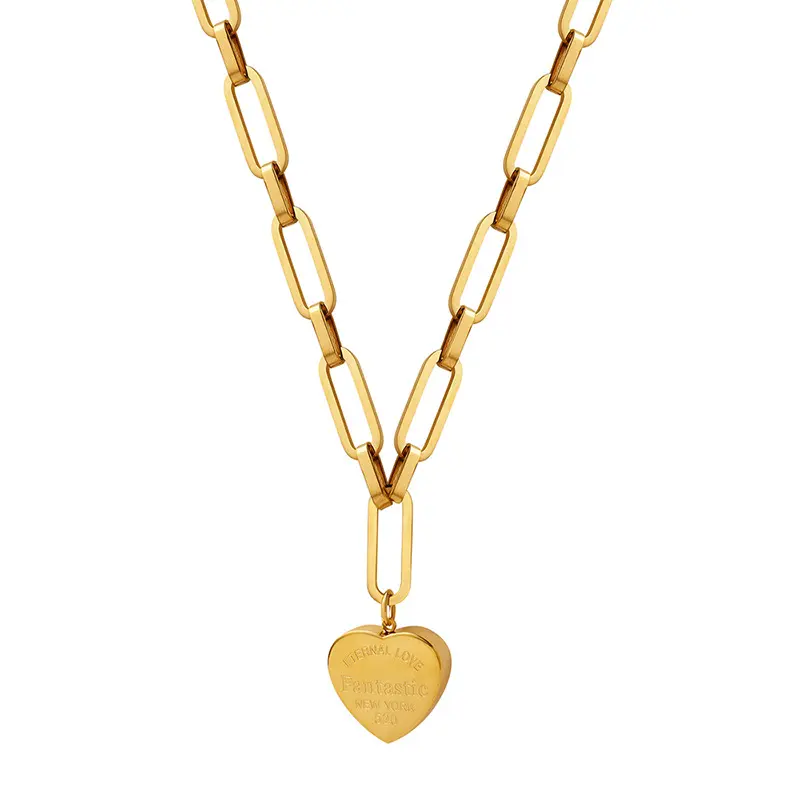 Collar con colgante de acero inoxidable chapado en oro para mujer, cadena larga de 18K, corazón de amor, letras, grabado personalizado