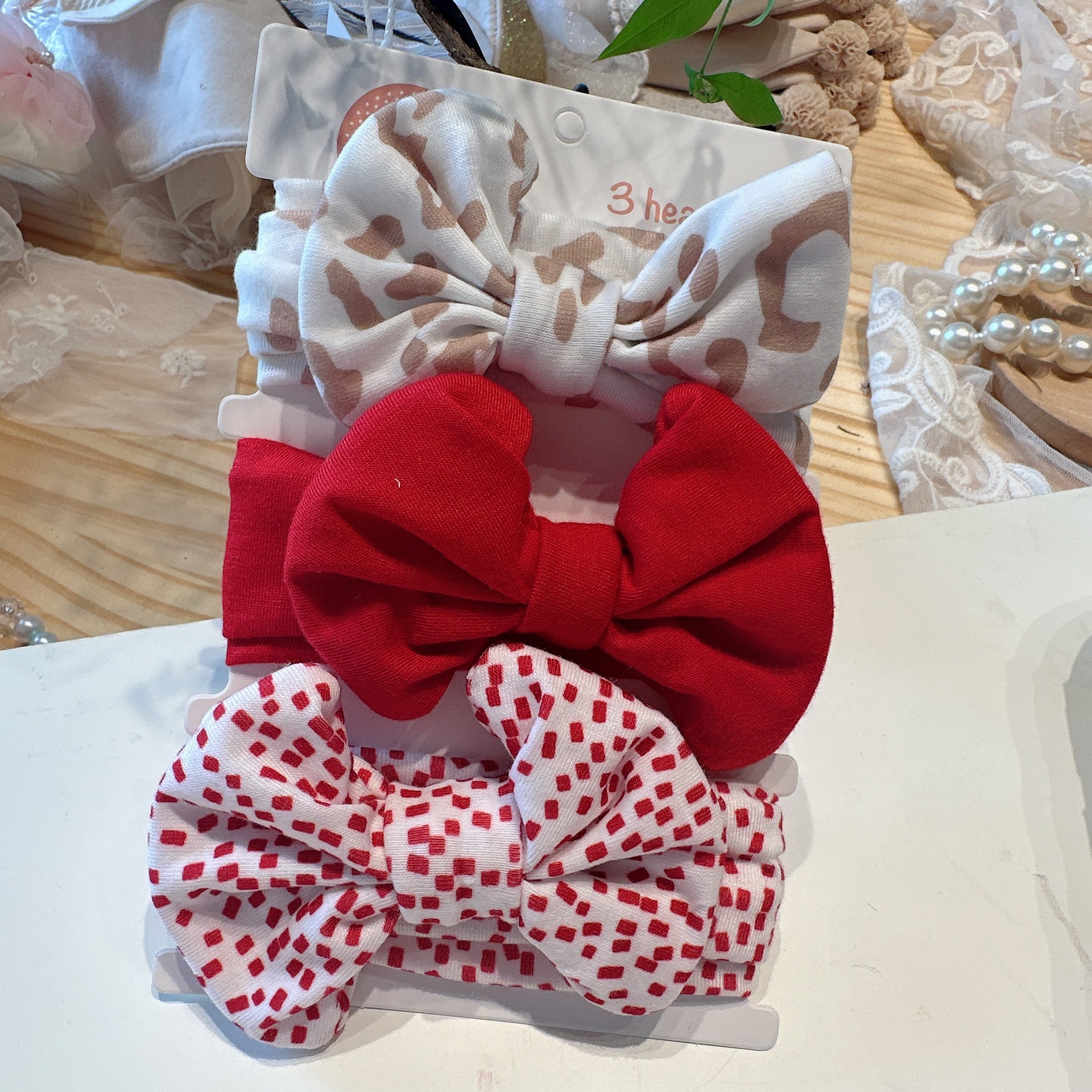 8661 Diadema de algodón con lunares rojos y estampado de leopardo, juego de 3 piezas.