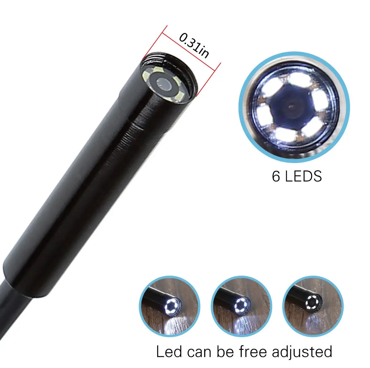 Kamera Mini Tahan Air untuk PC, Borescope Endoskopi 15M 6 LED USB 7Mm