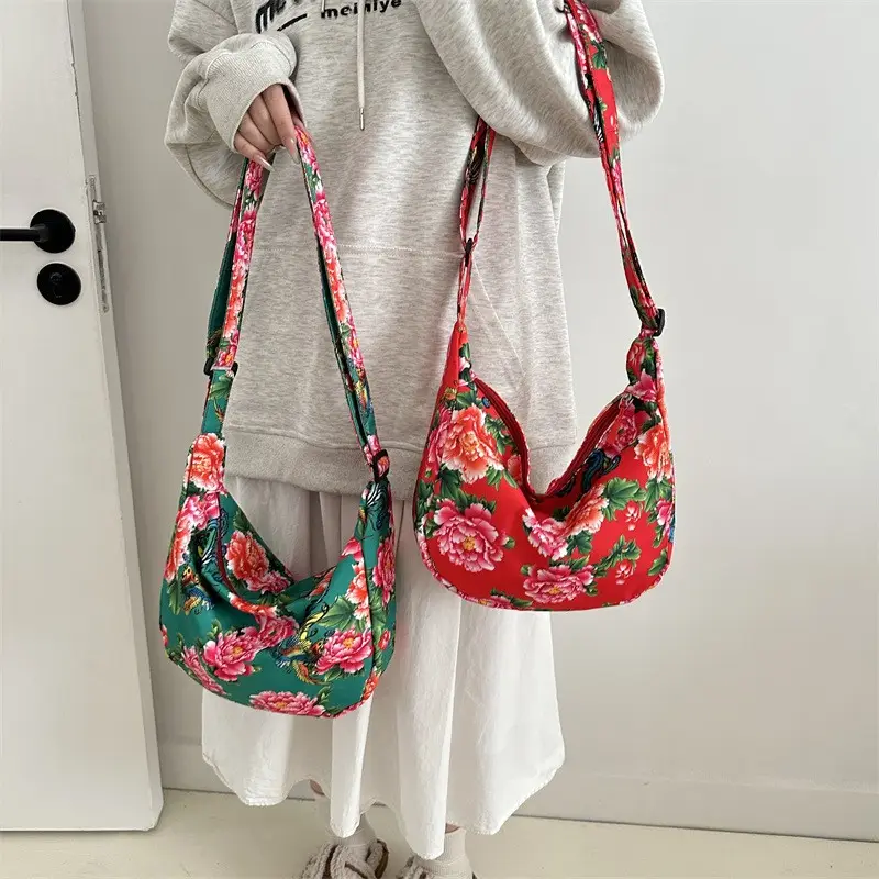 KALANTA 2024 stile cinese nordest grandi fiori Hobo borse alla moda vintage stampate da donna borse a tracolla da viaggio