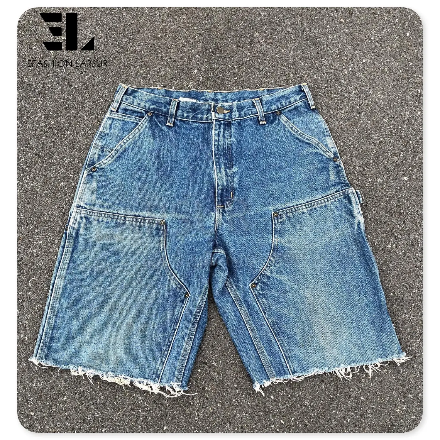 LARSUR Custom fábrica angústia lavagem folgado duplo joelho lona sarja denim carpinteiro carga shorts jeans jorts trabalho calções calça homens