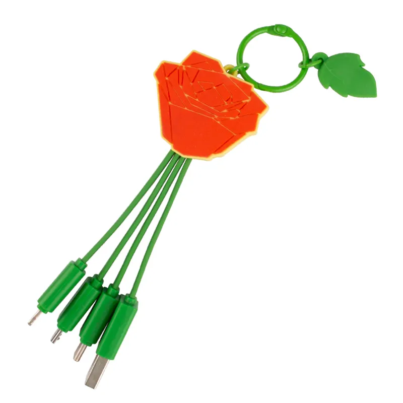 Benutzer definierte Cartoon Rose Form Mädchen Schlüssel bund Typ C PVC Aufladen Handy 3 in 1 Schnell laden USB-Datenkabel