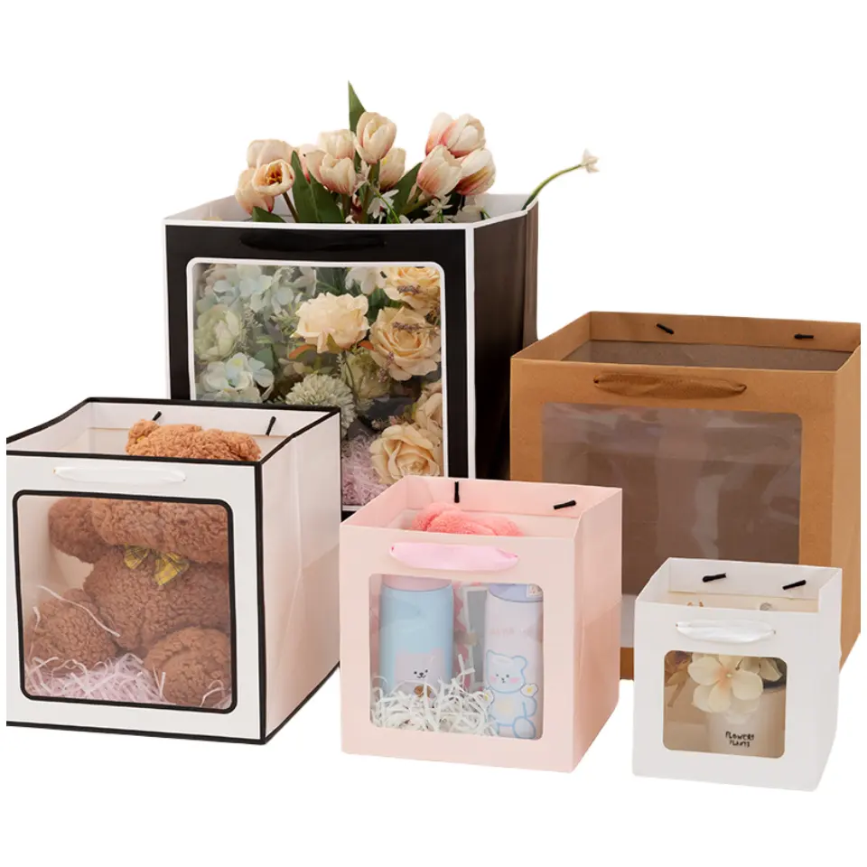 Sacchetti regalo per imballaggio sacchetti di carta con finestra trasparente quadrato Bouquet di fiori borsa con manici a nastro con cornice bianca nera