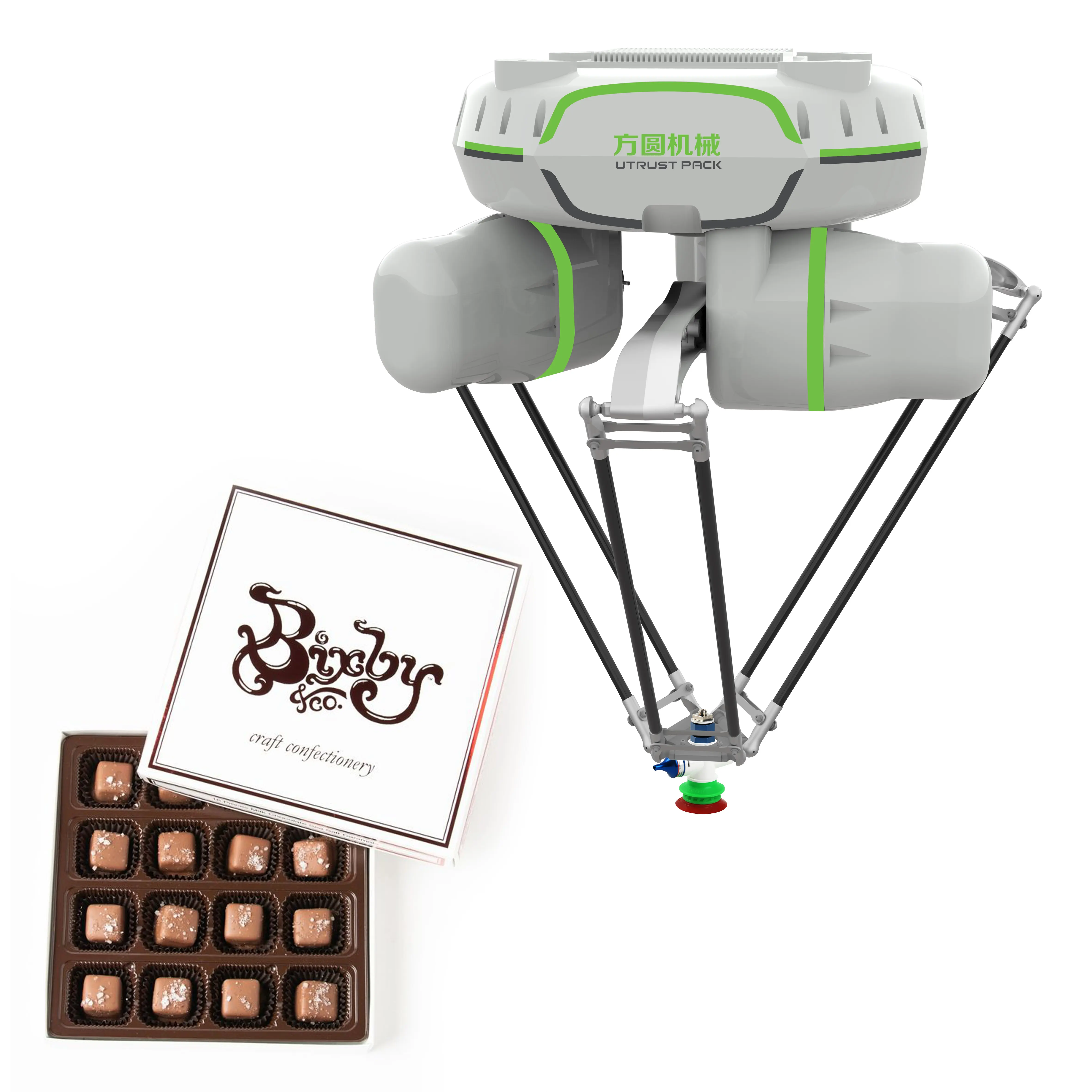 OEM industrielle 4-Achsen-Delta-Roboter-Sortierlinie für Getränkbeutel Dessertkuchen Gebäck Schokolade Plätzchen Kekse