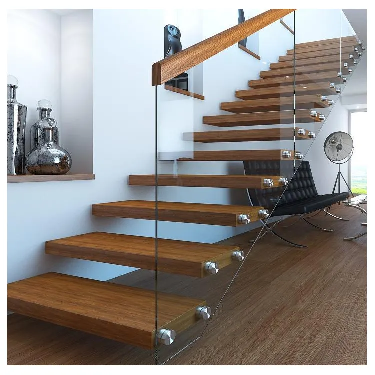 Kit d'escalier droit flottant en acier moderne, cordes en acier, marches en bois, escaliers droits