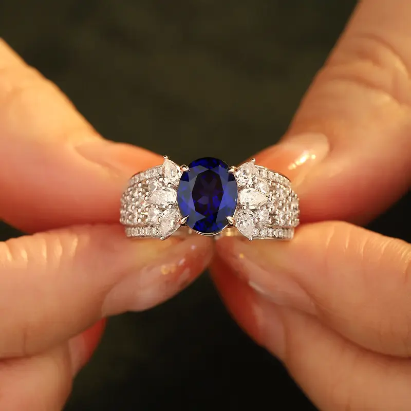 Сапфир высокие ювелирные изделия Королевский синий овальный S925 Серебряный набор с искусственным бриллиантовым кольцом