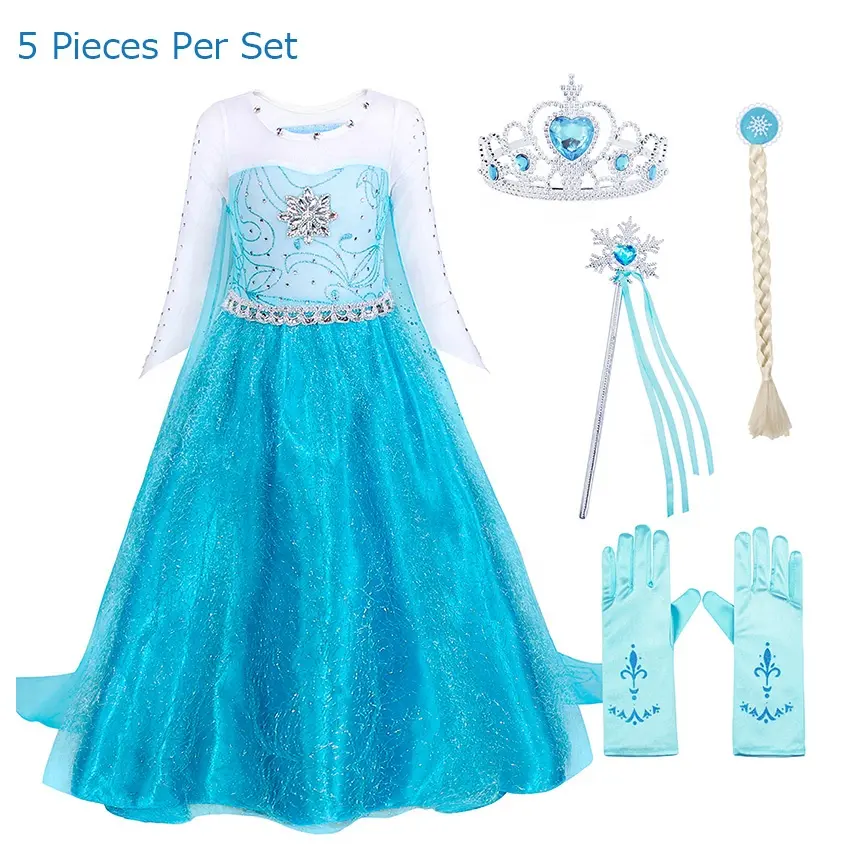 Disfraz de princesa Elsa para niñas, capa para fiesta de cumpleaños, Reina, Cosplay de Halloween, varita de copo de nieve de manga larga, conjunto de accesorios de peluca