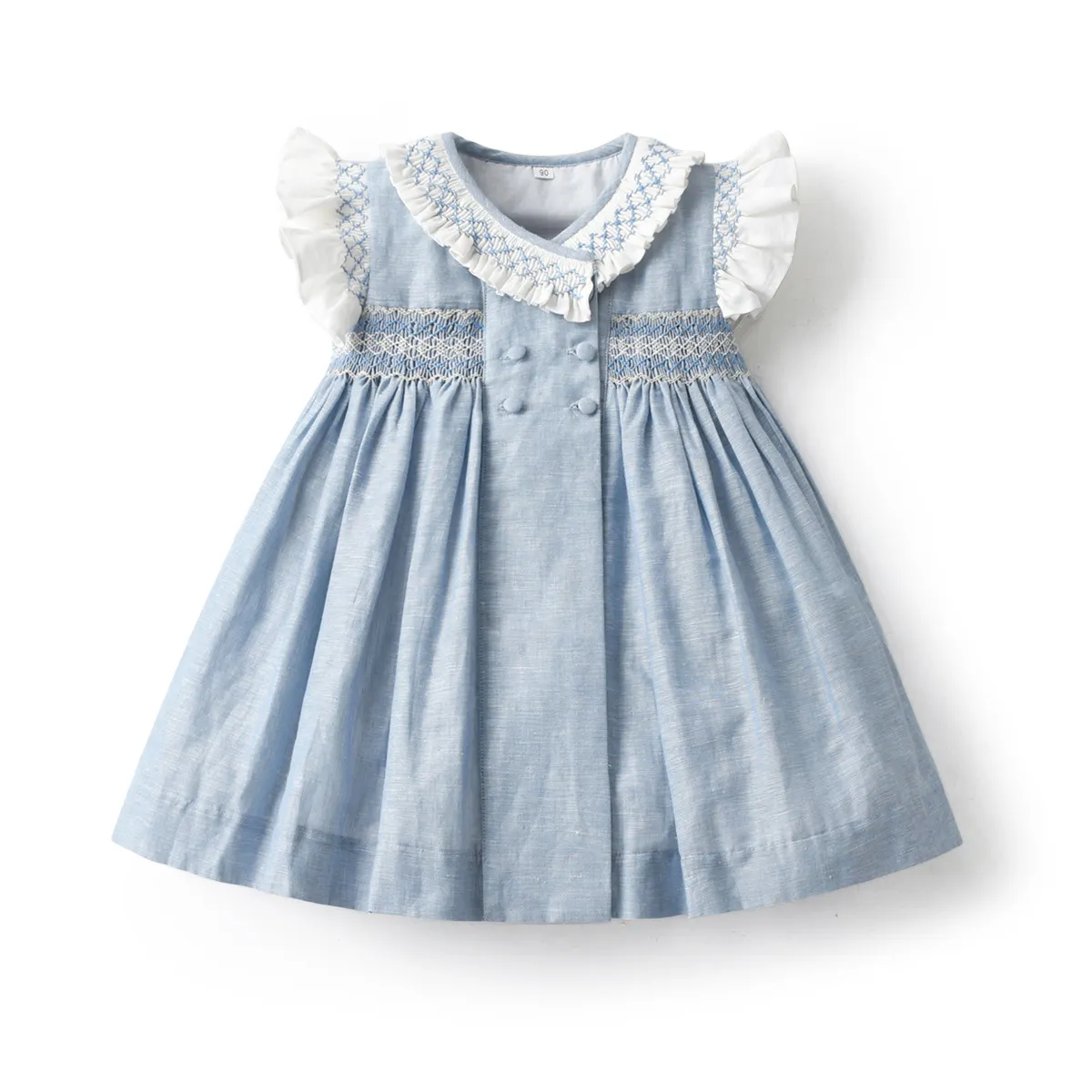 Atacado Crianças Trajes Verão Casual Ruffle Sleeve Denim Hand Made Smock Dress Baby Girl Clothes Smocked Girls Dresses