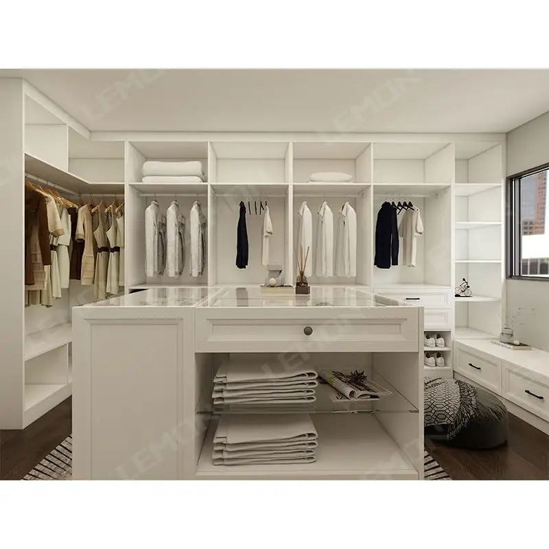 Moderno personalizado blanco en forma de L personalizar madera dormitorio armario muebles armario diseños para almacenamiento de ropa