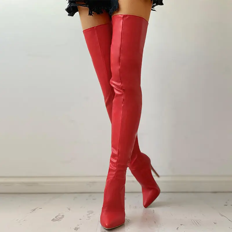 Hot Selling Leather Stretch Long Boots Pointed Toe Handmade High Quality Party Night Club Women Over the Knee High Boots