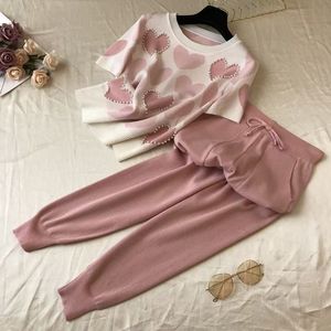 现货供应女式毛衣短袖柔软圆领女式套装色块爱心图案拉绳毛衣 - Product Image 5