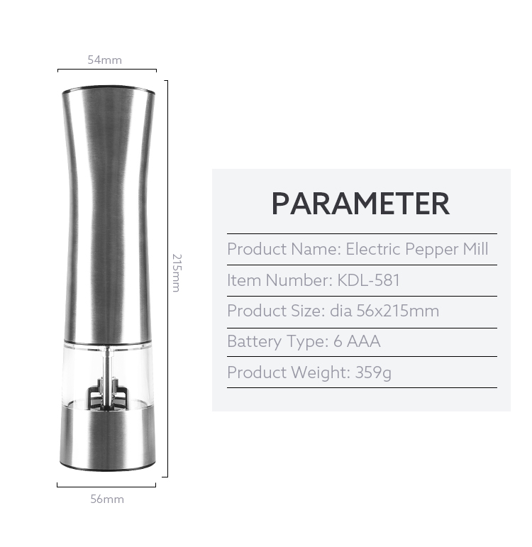 6 AAA batteries operated stainless steel electric pepper grinder salt mill with white LED light and adjuster