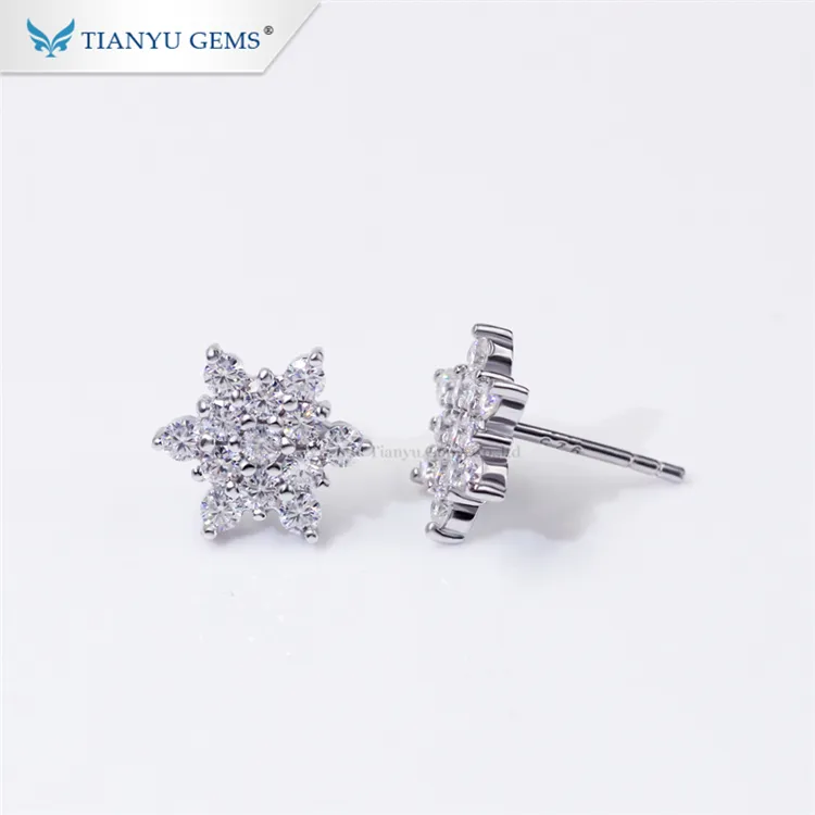 Tianyu snowflake fine jewelry gold plated real 925 sterling silver cubic zirconia stud earrings