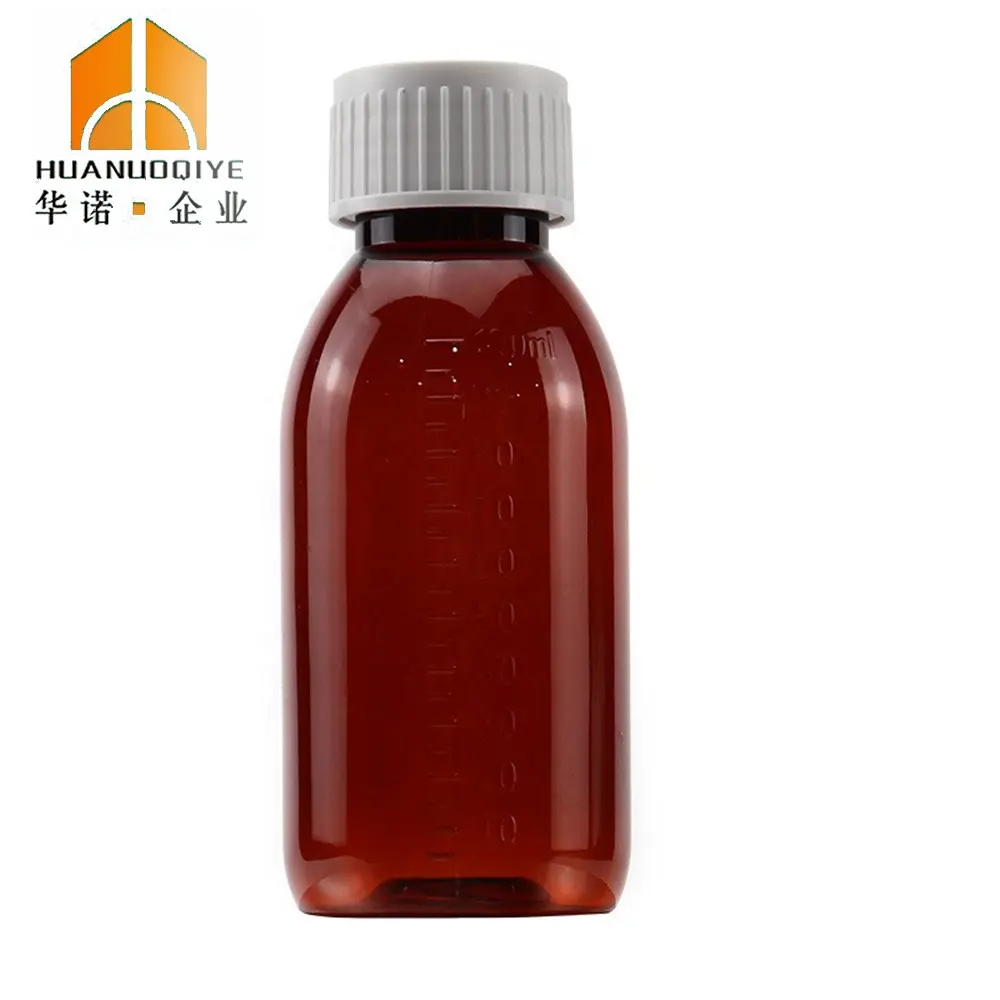 China Fabricantes 100ml 125 ml Farmacêutica Pet Amber Garrafas Plásticas Xarope Para Tosse Garrafa Para Líquido Com Copo