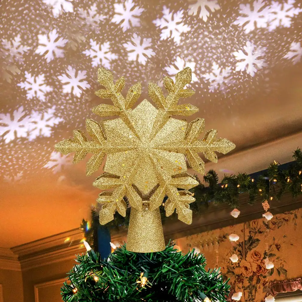 Christmas Tree Decoration Christmas Tree Topper Lighted 3D Glitter Hollow Snowflake Tree Topper with LED Rotating