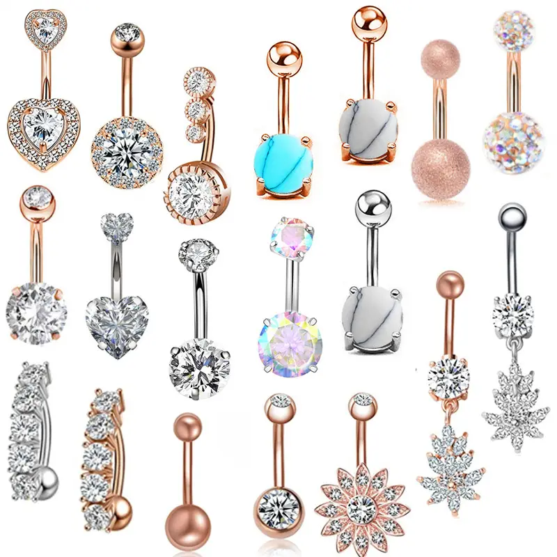 Honor Of Crysal 1PCS Crystal Belly Button Ring 14G Heart Belly Piercing ciondola Flower Piercing all'ombelico oro rosa Sexy ombelico Bar Cute Belly Ring