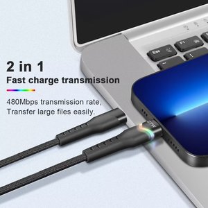 IPhone arayüzü cep telefonu için kalın örgülü iplik USB C kablosu 7 renk atmosfer ışığı PD 27W hızlı şarj kablosu - Product Image 2