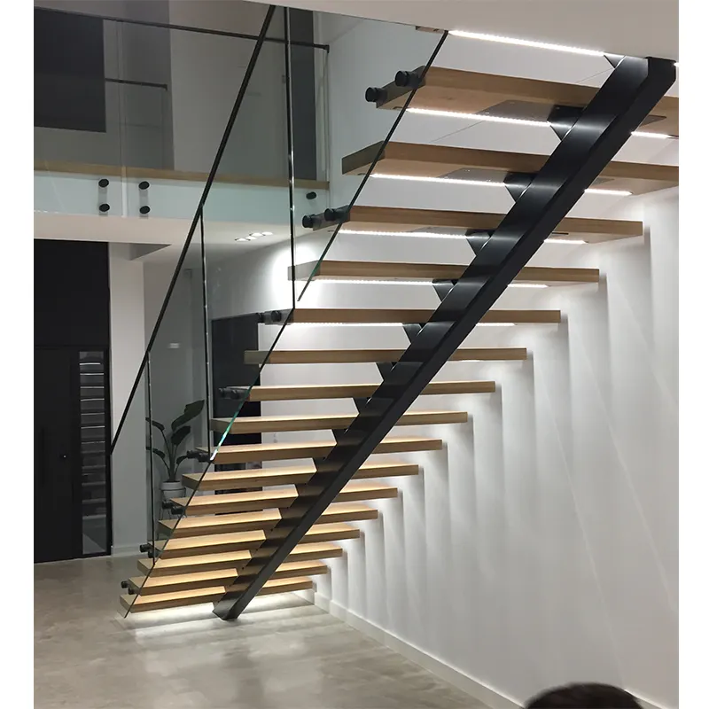 indoor American glass railings wooden float straight stairs/staircase