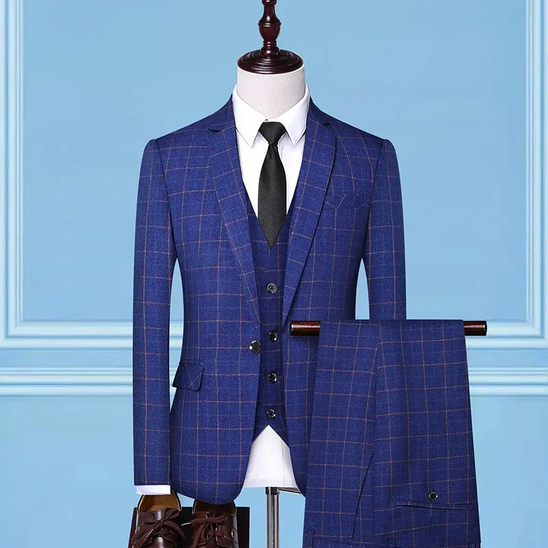 高品質のファッション高級チェック柄ブレザースリムメンズスーツ3ピースメンズウェディングスーツ