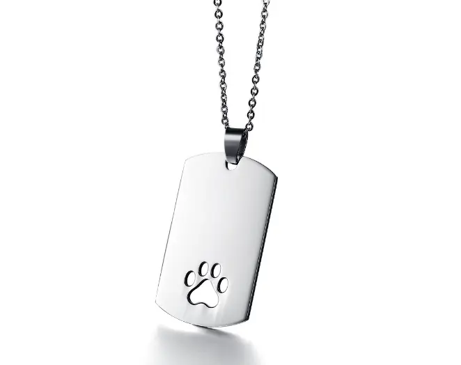 Aangepaste Metalen Label Aanmelden Stain Staal Laser Gegraveerd Dog Tags Huisdier Tag Met Ketting