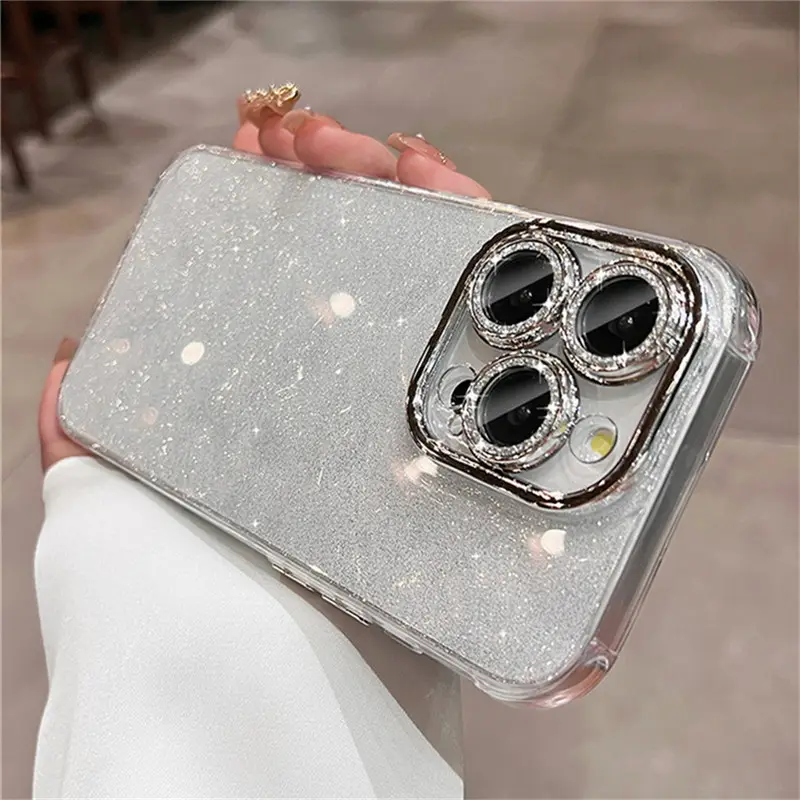 Scintillante Glitter trasparente trasparente trasparente per fotocamera con strass custodia per pellicola per iPhone 14 11 12 13 15 Pro Max