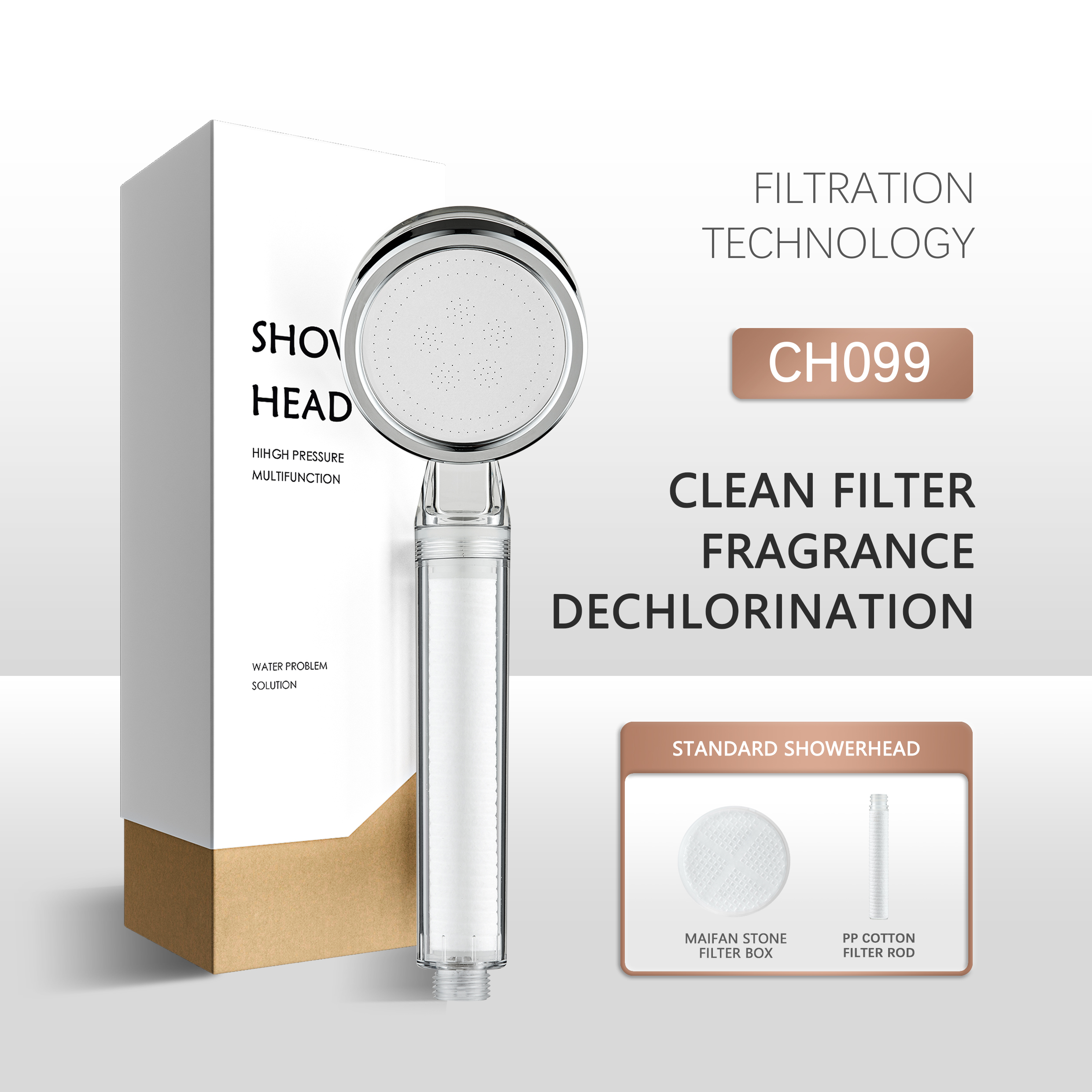 Transparent White Shower Head + Maifan Stone Filter Box