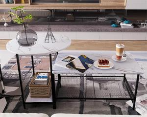 Juego de mesa de centro de 2 mesas auxiliares de almacenamiento ModernWhite Faux Marble Mesa redonda y rectangular para sala de estar Dormitorio Comedor - Product Image 2
