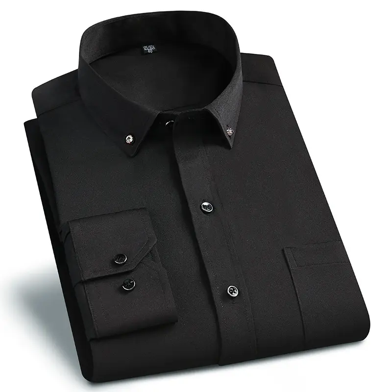 Clássico Dos Homens Camisas De Vestido De Negócios Casual Botão Sólido Para Baixo Resistente Ao Rugas Não-ferro Negócio Social Preto AEchoice