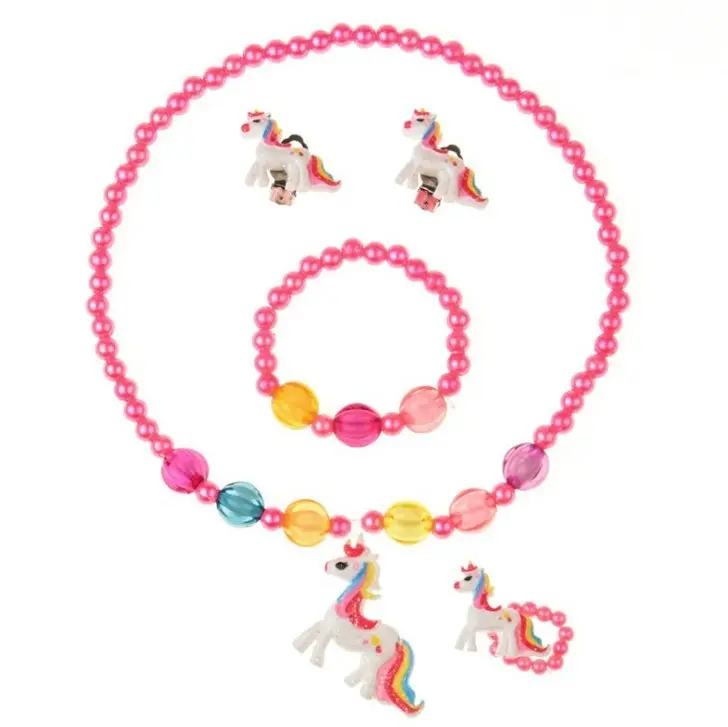 Süßigkeiten Perlen Harz Kunststoff Kinder Schmuck Set Kinder Einhorn Anhänger Halskette Armband Ring Ohrringe Baby Schmuck 4 teile/satz