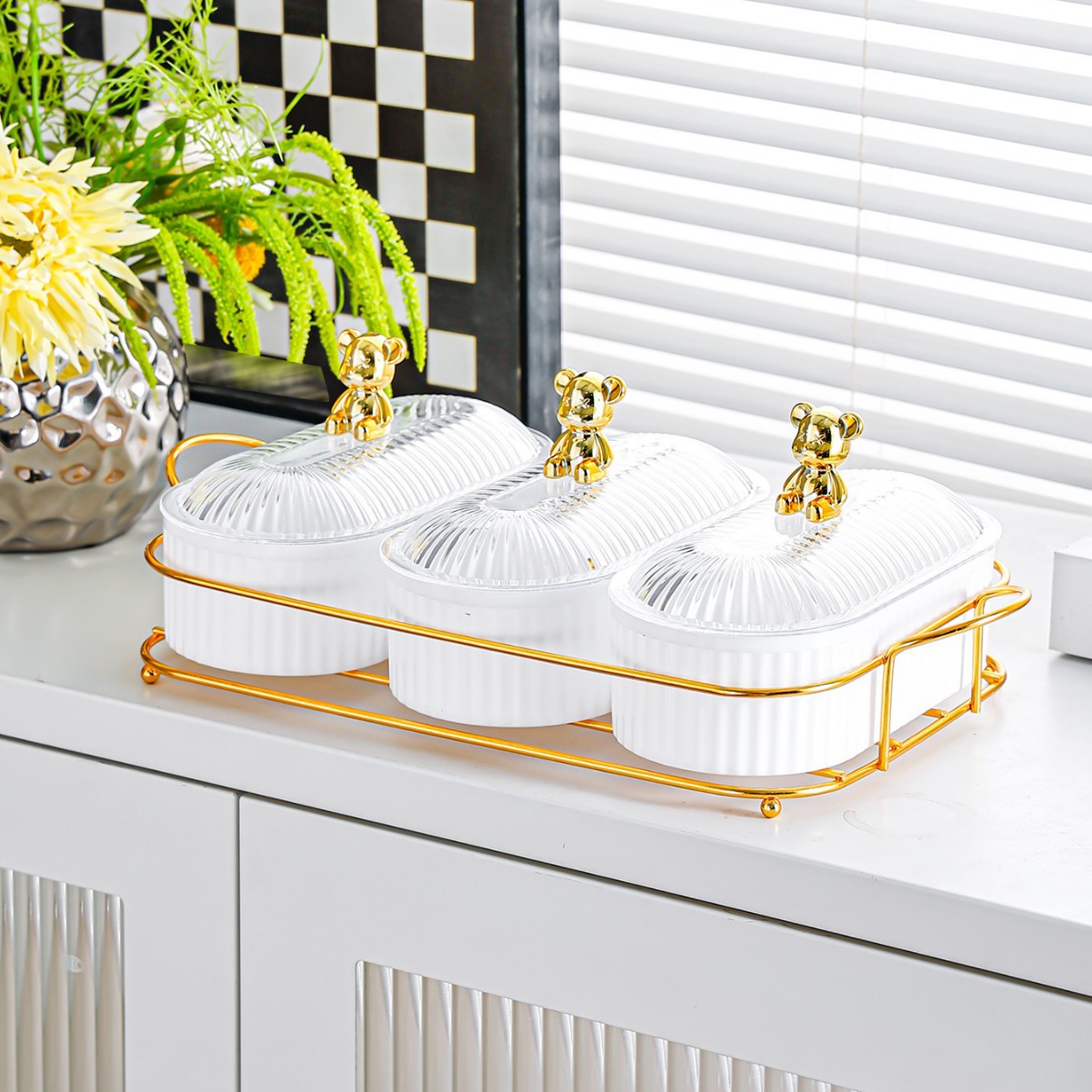 Bear Gold Stand - White Large Oval Plate - 3 Compartments