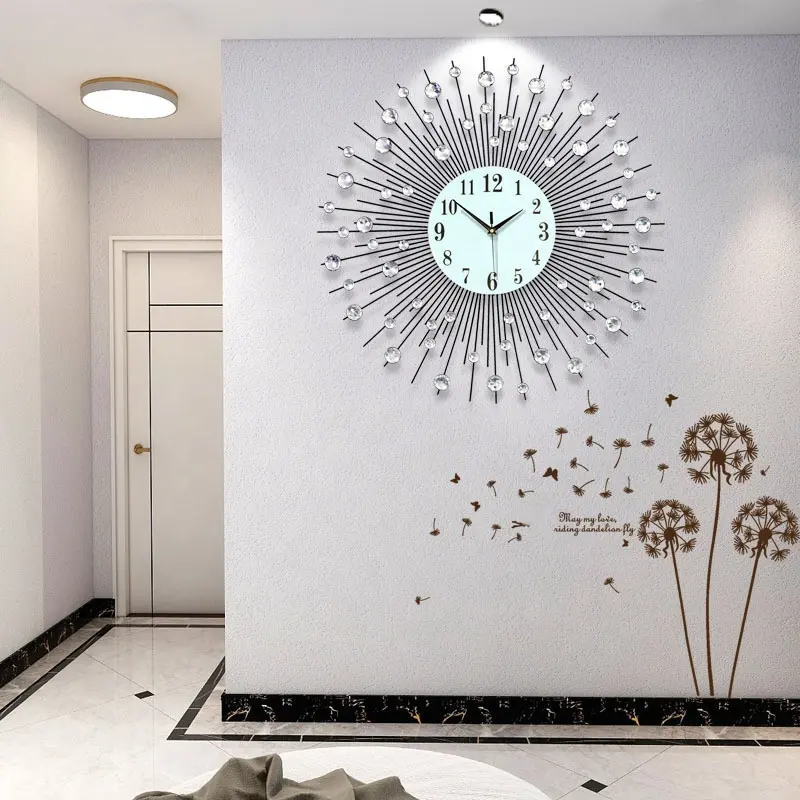 Reloj de pared Vintage de Metal, de diamante, grande, de cristal, de hoja, creativo, para sala de estar