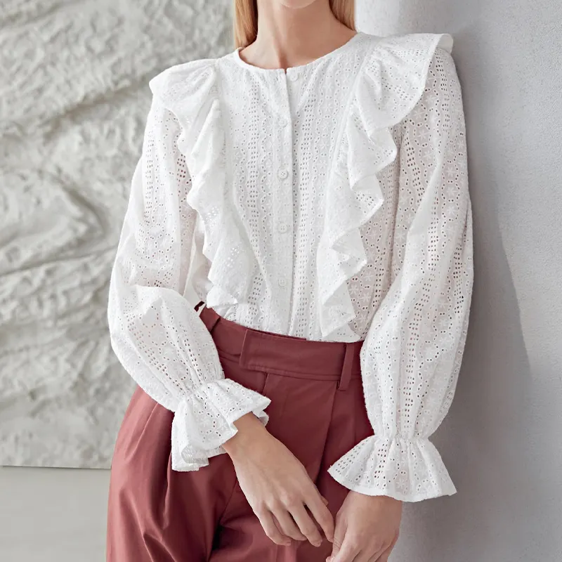 Blusa casual feminina de algodão, blusa elegante com babado gola redonda, manga flounce, de algodão orgânico, plissada