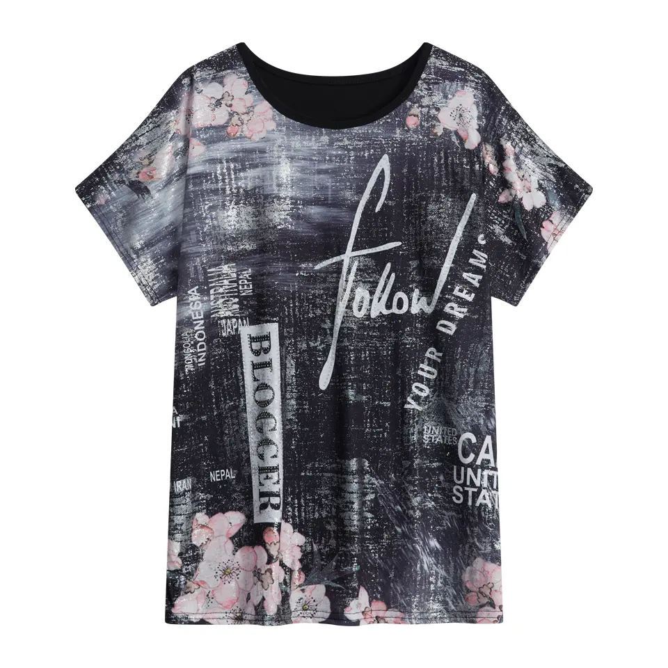 Camiseta estampada de manga corta para mujer, camiseta informal de manga corta con gráfico de pétalos y cuello redondo para mujer