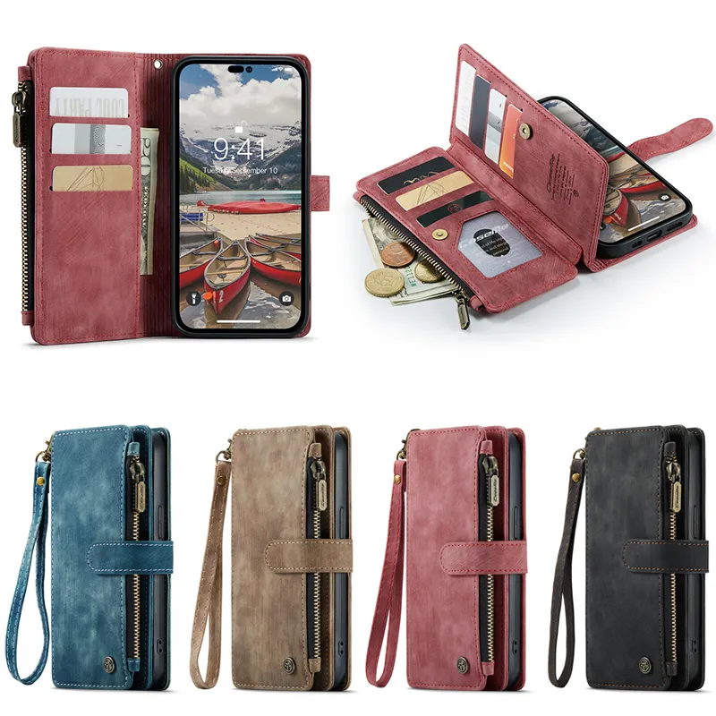 Luxo Flip Wallet Estojos de couro para iPhone 14 Pro Max 12 13 Mini Zipper Purse PU Back Case