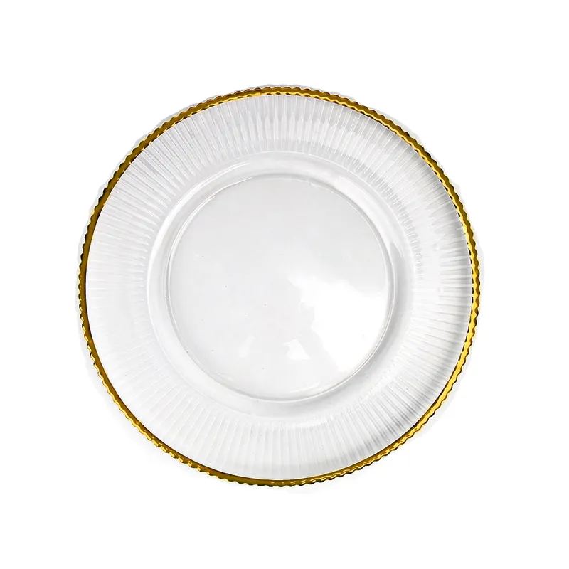Popular Clear Glass 13 polegadas Carregador Jantar Salada Placa com Gold Rim Ribbed Textura Dinnerware Set para 2023 Wedding Crockery