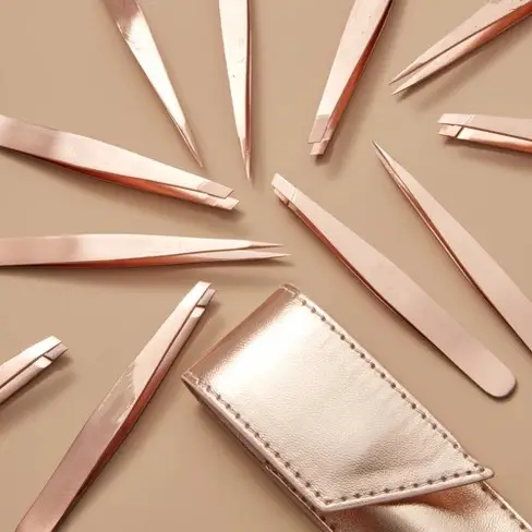 Pincettes à pointe en or Rose avec pochette en PU, pinces en acier inoxydable pour les sourcils