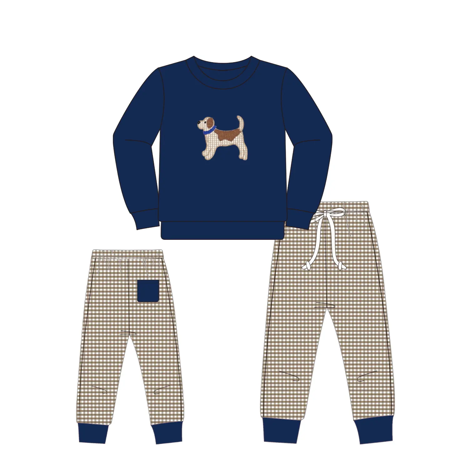Boyis produk baru sesuai pesanan butik anjing applique set pakaian anak laki-laki hoodies kaus