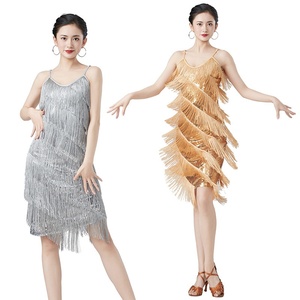 売れ筋女性用ノースリーブスパンコールタッセル賞賛ダンスドレス<span class=keywords><strong>V</strong></span>ネックパフォーマンスウェアステージパフォーマンス用