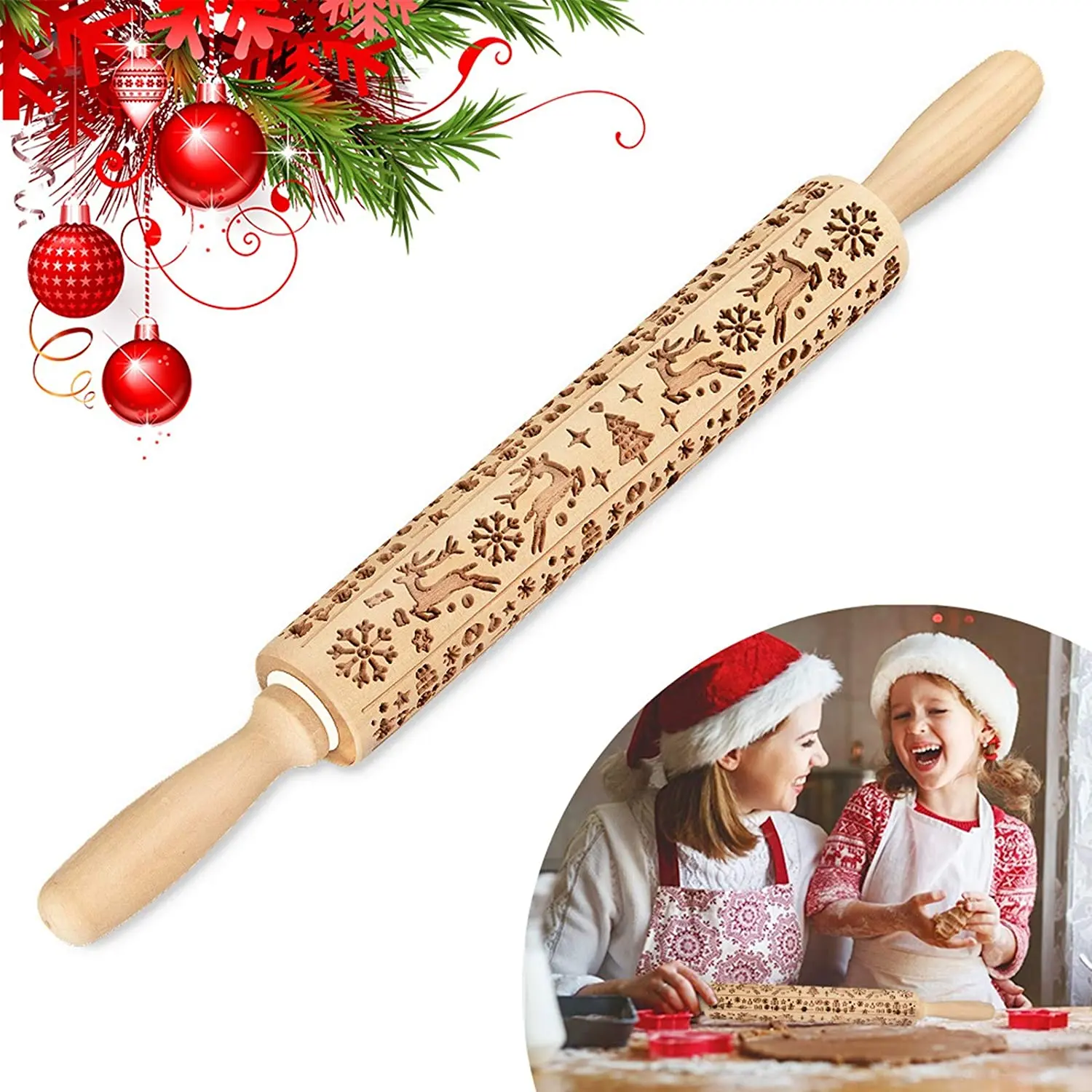 Mattarelli in legno goffrati natalizi per biscotti da forno trasferimento di renne taglio Laser inciso rullo di pasta 3D taglierina per biscotti alce