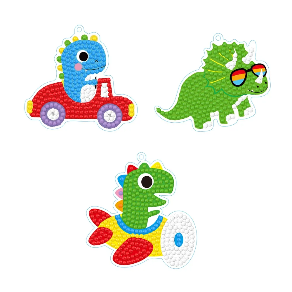 Chaveiro popular para crianças, 3 peças, série dinossauro, com pedras de resina redondas, porta-chaves DIY, com desenho de diamante, com diamantes colados