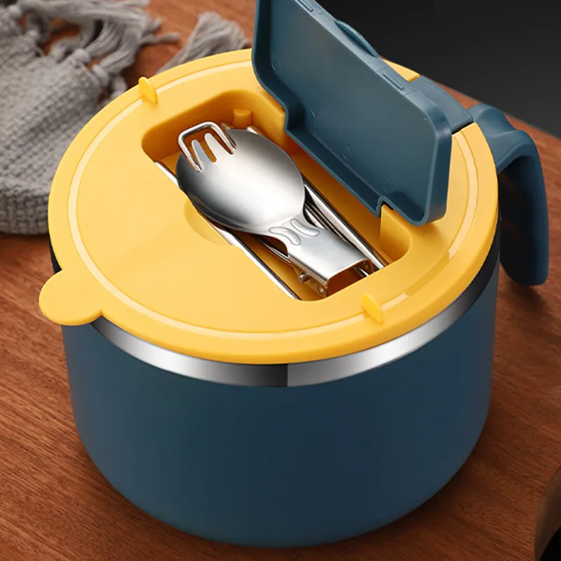 Nieuw Ontwerp Kleurrijke Lekvrije 304 Roestvrijstalen Lunchbox Geïsoleerde Noedelsoep Kom Met Deksel Opvouwbare Lepels Bento Box