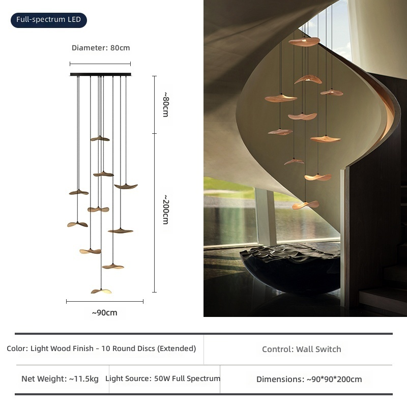 Lampe couleur bois clair, 10 têtes (diamètre 80cm), corps de lampe de 2,8m de haut, 25.