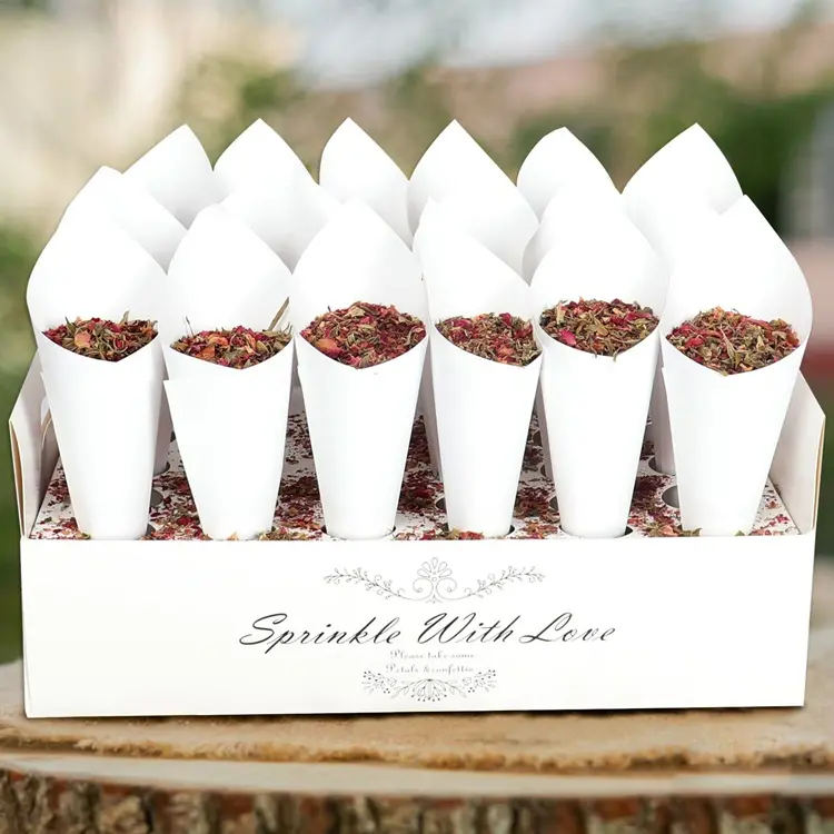 सफेद कंफेटी शंकु धारक 30 छेद के साथ खड़े ट्रे बॉक्स, शादी पार्टियों के लिए प्राकृतिक सूखे फूलों की पंखुड़ियों