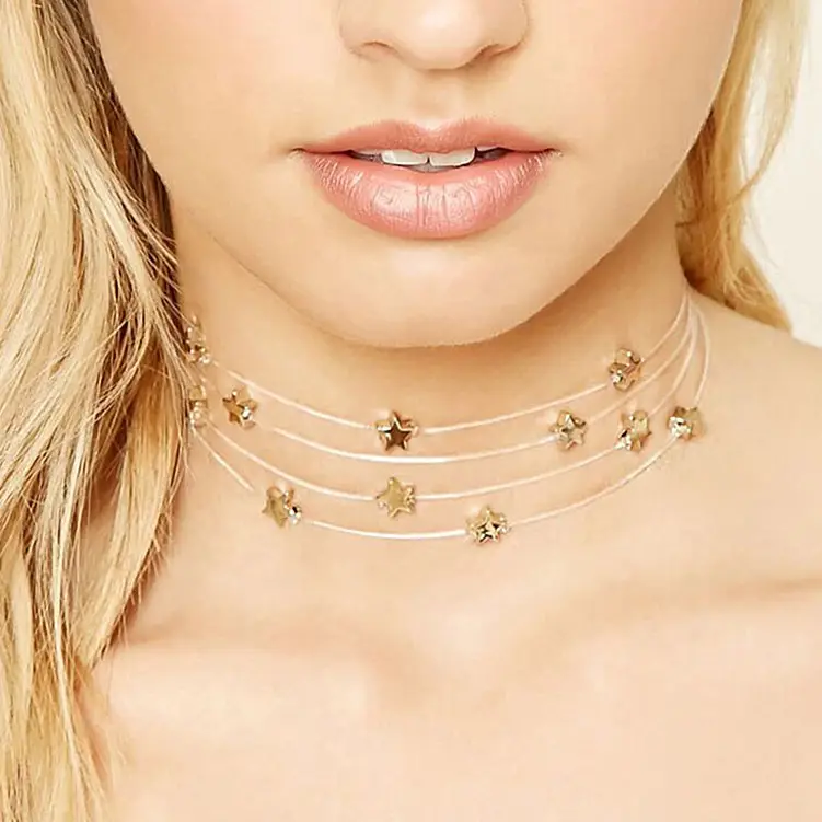 2022 fashion popular new elements fish silk thread handmade stars multi-layer silver star choker pendant necklaces for women