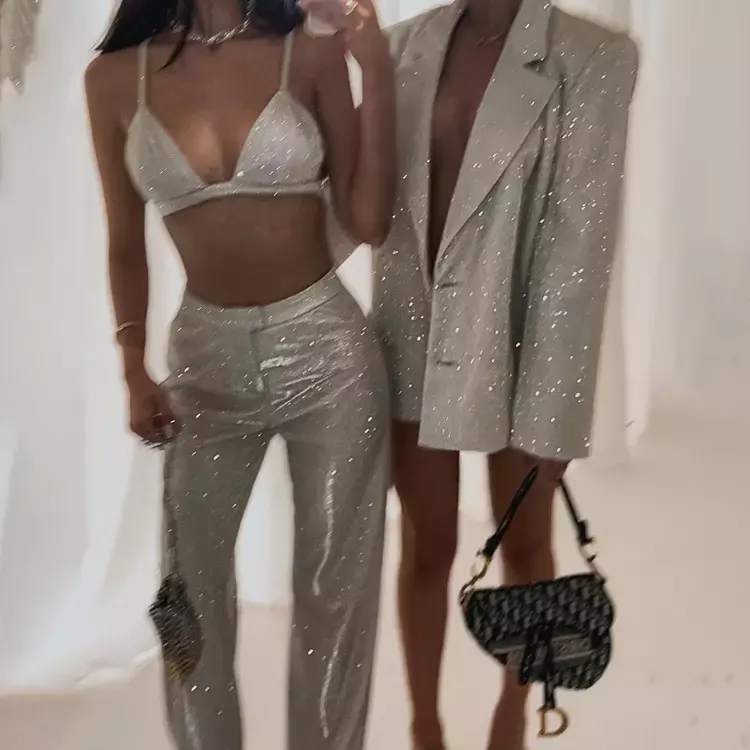 2024 Luxurious Sequined Set Women Long Sleeve Loose Blazer Suit Set Night Club Party Wear Women Two Piece Pants Set