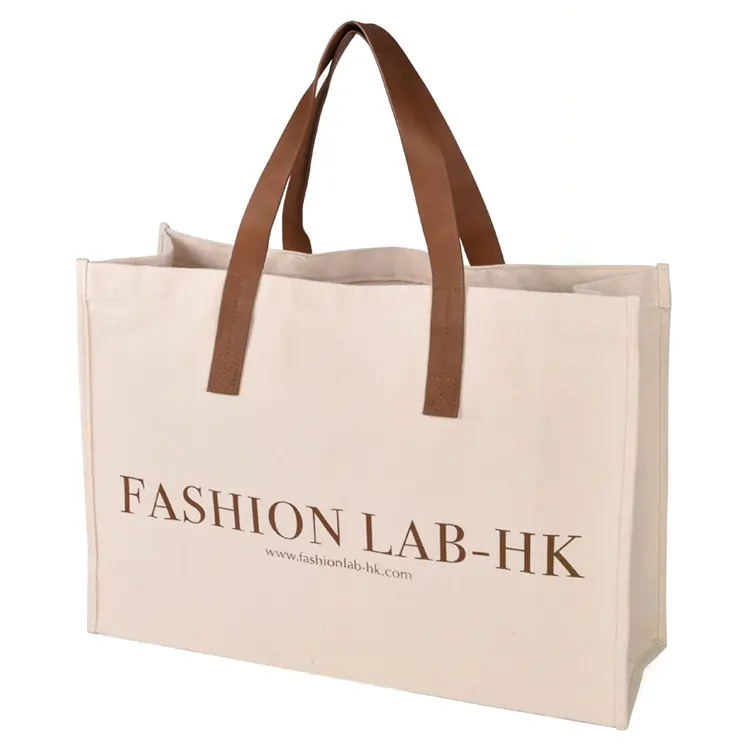 Bolso de compras de algodón personalizado, bolsa grande de lona con asa de correas de cuero