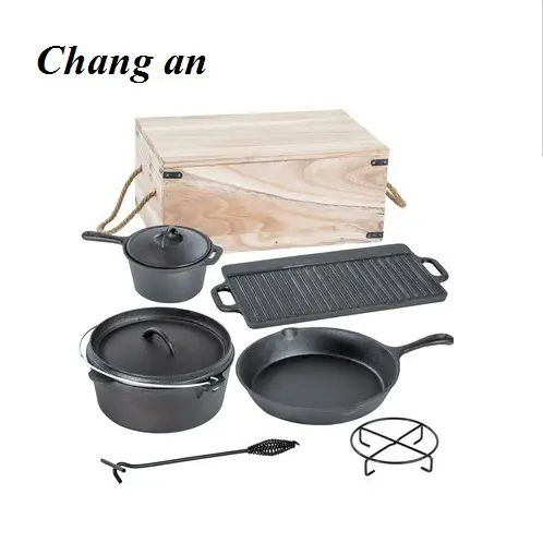 Cast iron camp dutch oven skillet set with wood storage container box